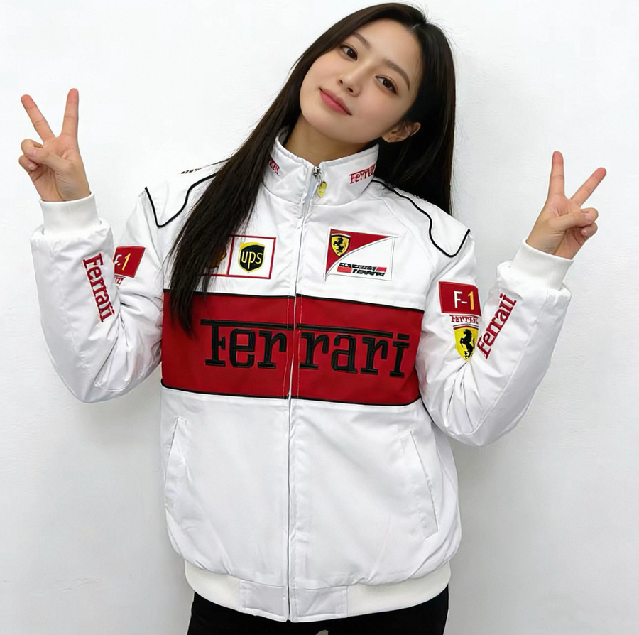 Giacca Ferrari F1 Bianca Vintage Style – Shell/UPS Patch Edition | Full Zip Racing Jacket
